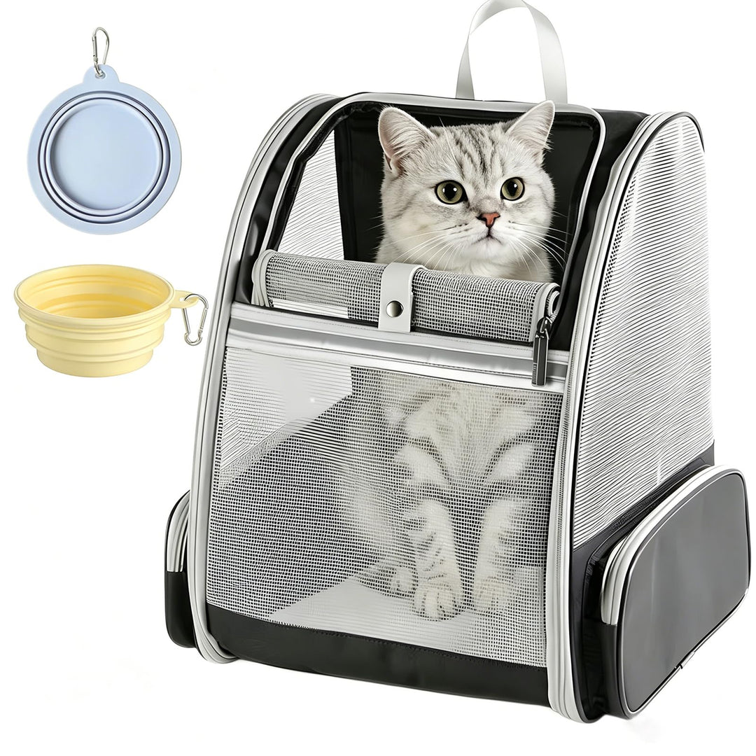 Haustier Rucksack bis 8kg mit 2 Tragbare Fressnäpfe, Faltbare Katzenrucksack Hunde Rucksack mit 3-se