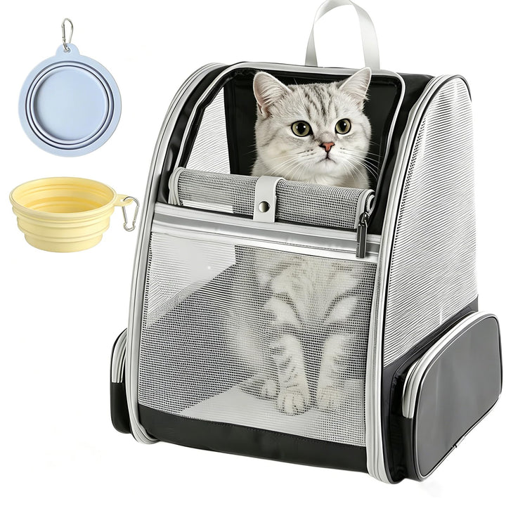 Haustier Rucksack bis 8kg mit 2 Tragbare Fressnäpfe, Faltbare Katzenrucksack Hunde Rucksack mit 3-se
