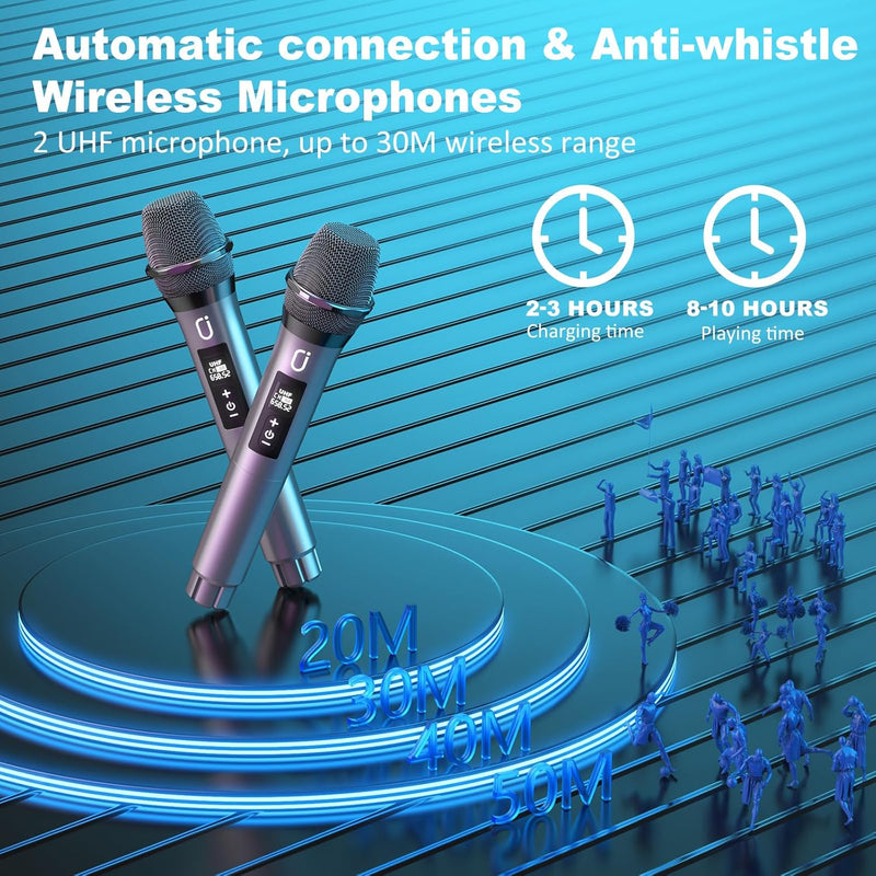 JYX Karaoke Anlage mit 2 drahtlosen Mikrofonen, Grosser Karaoke Lautsprecher Bluetooth mit Rädern un