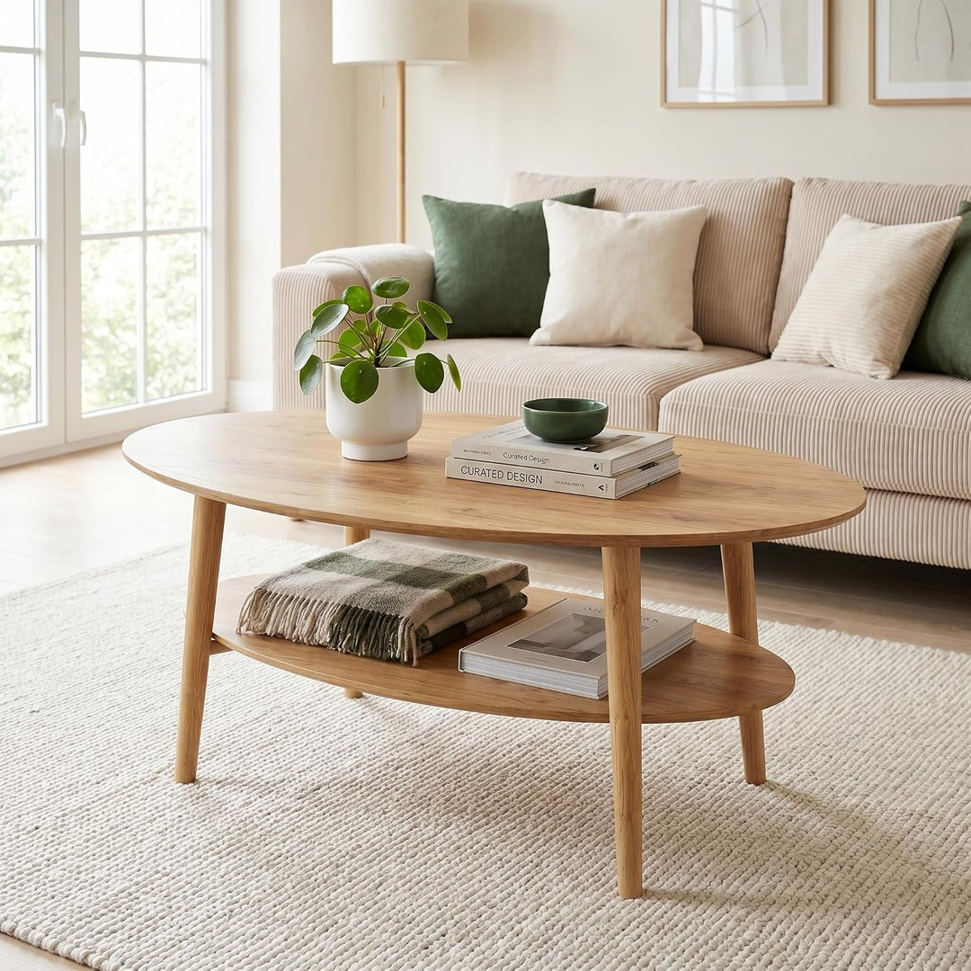 skølm Mjölnir Couchtisch oval – Wohnzimmertisch aus Eiche Massivholz – Sofatisch mit 2 Ablagen – kle