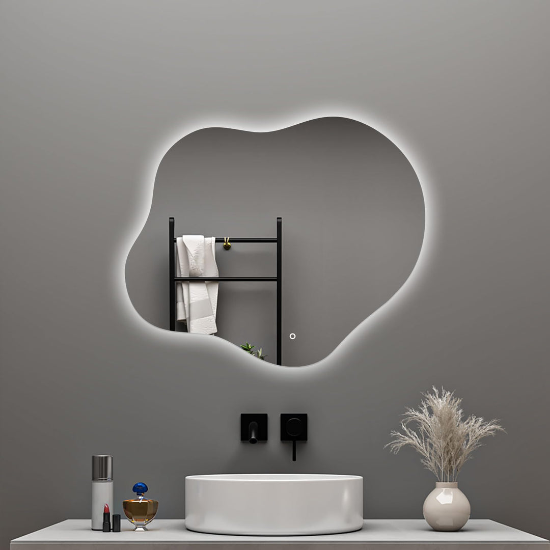 Aica Sanitär Badspiegel Asymmetrisch 50×45cm 3 Lichtfarben dimmbar Memory Touch Wandschalter Beschla