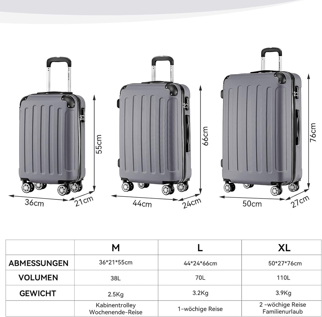 BEIBYE Hartschalen-Koffer Trolley Rollkoffer Reisekoffer Handgepäck 4 Rollen (M-L-XL-Set) (Dark Grey
