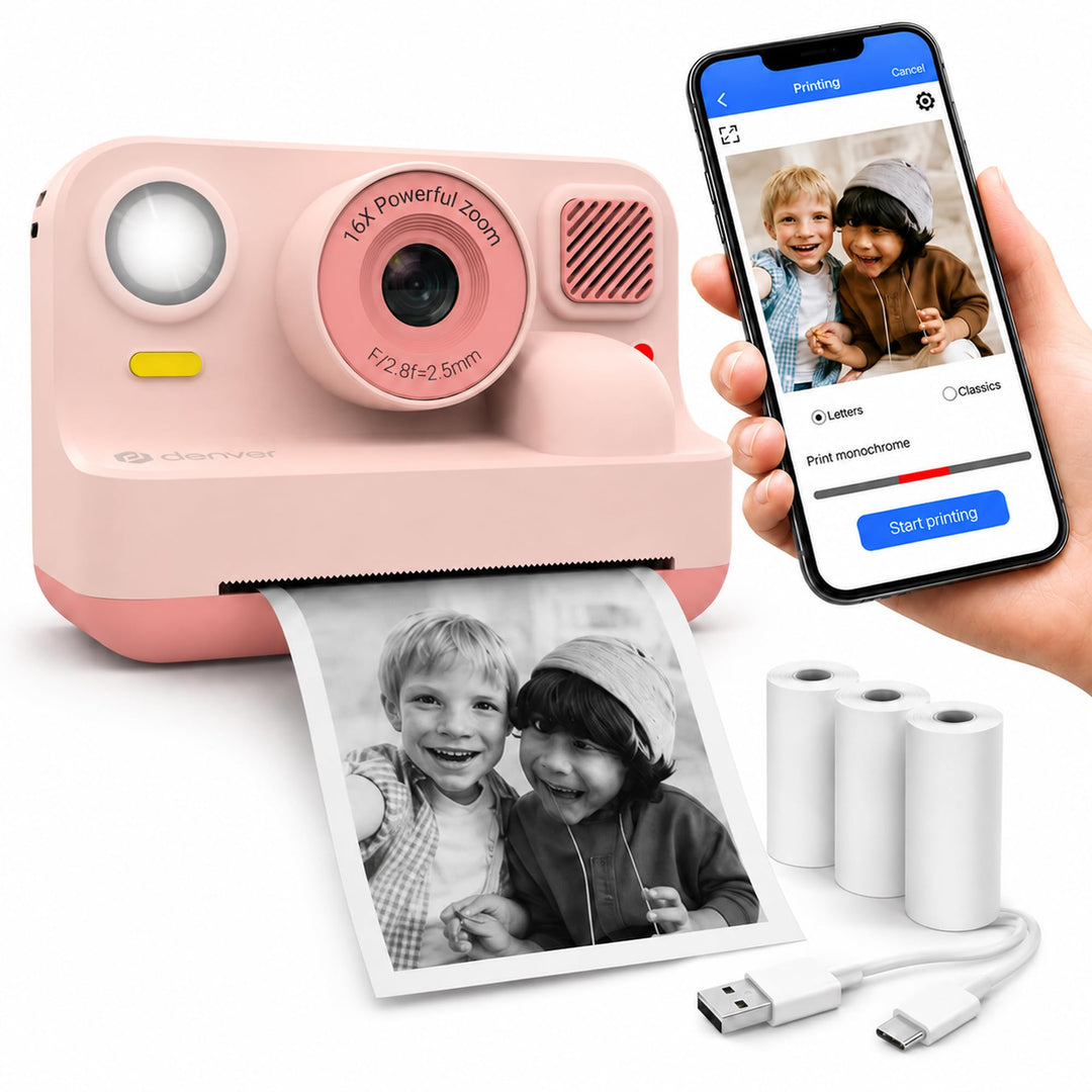 Denver Kinderkamera 48 MP mit Sofortdruck, Bluetooth, Full HD, Rosa