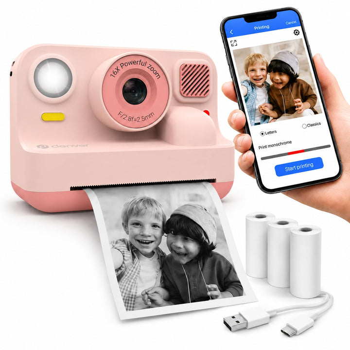 Denver Kinderkamera 48 MP mit Sofortdruck, Bluetooth, Full HD, Rosa