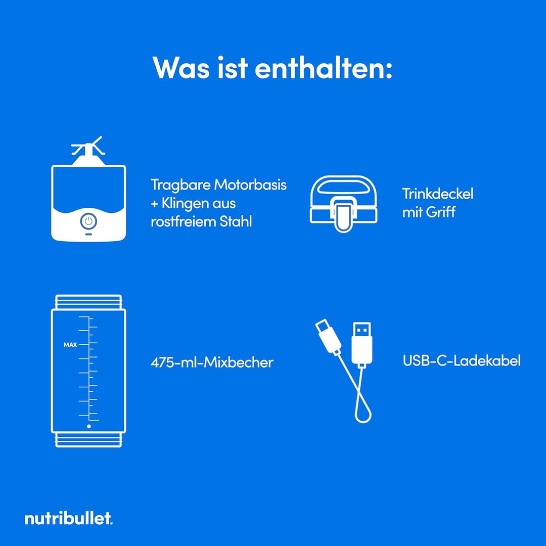 nutribullet Stabmixer, Stabmixer, 475ml BPA frei, Mini-Mixer, Multifunktionsmixer, USB-C Ladegerät,