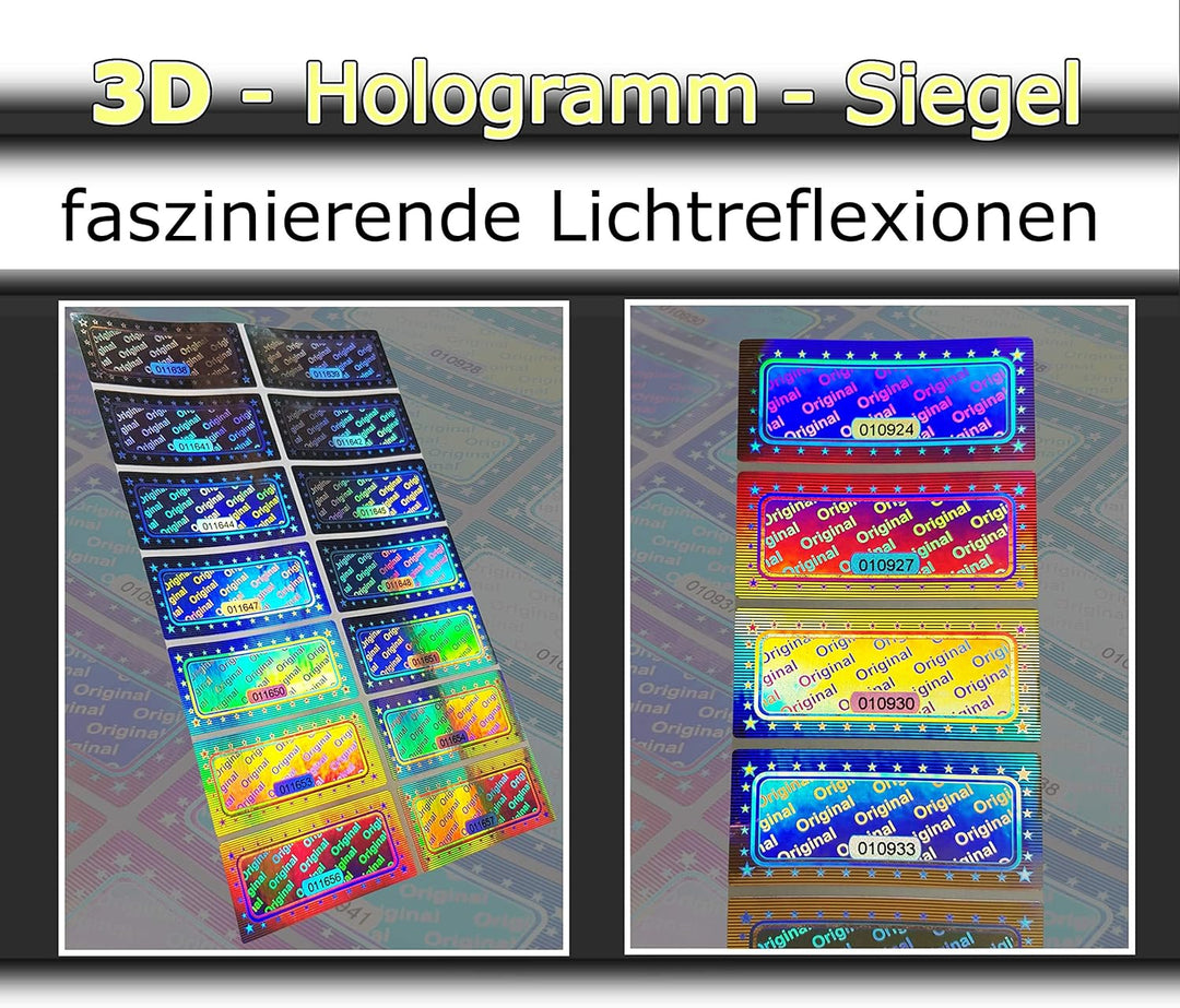 1000 Stk - 3D Hologramm Original-Siegel mit Seriennummer - 46x20mm silber glänzend - Sicherheitssieg
