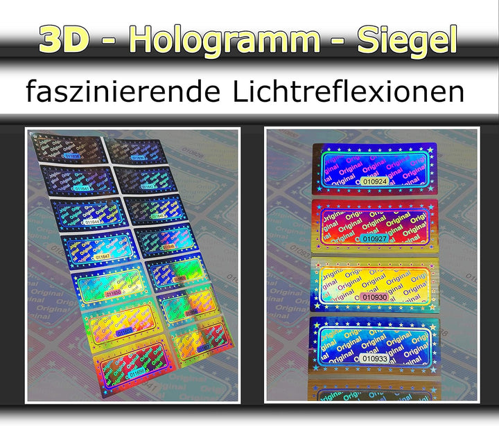 1000 Stk - 3D Hologramm Original-Siegel mit Seriennummer - 46x20mm silber glänzend - Sicherheitssieg