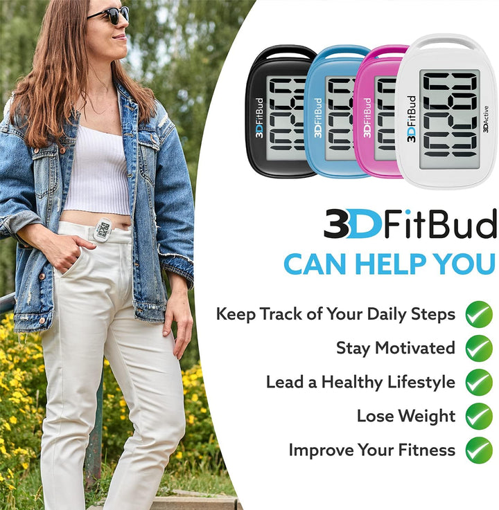 3DFitBud Einfacher Schrittzähler Gehen 3D-Schrittzähler mit Clip und Umhängeband, A420S Weiss mit Cl