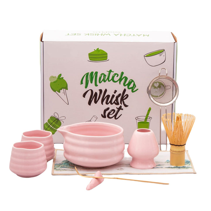 Matcha-Set, 9-teilig, rosa Matcha-Set mit Bambus-Matcha-Schneebesen, Keramikschale, Tasse, Halter, S