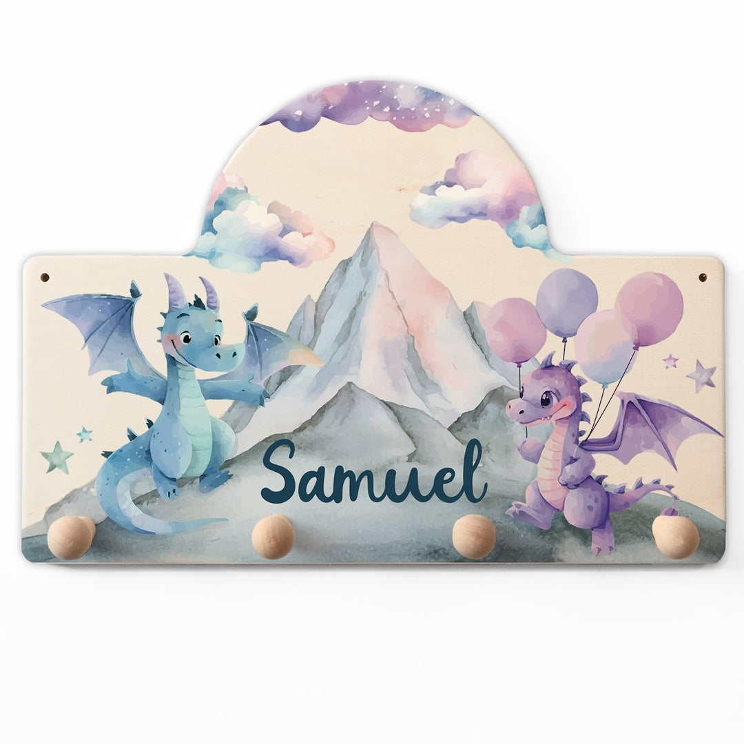GRAVURZEILE Personalisierte Kindergarderobe - Drache - Personalisiert mit Name - Garderobe aus Holz