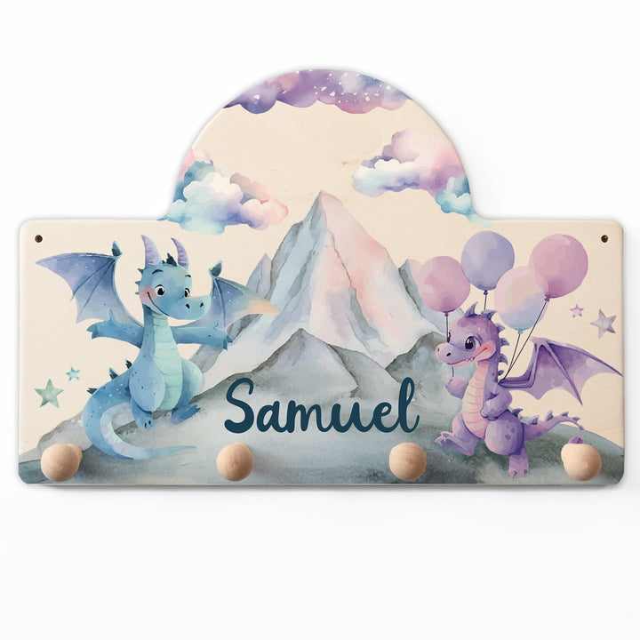 GRAVURZEILE Personalisierte Kindergarderobe - Drache - Personalisiert mit Name - Garderobe aus Holz