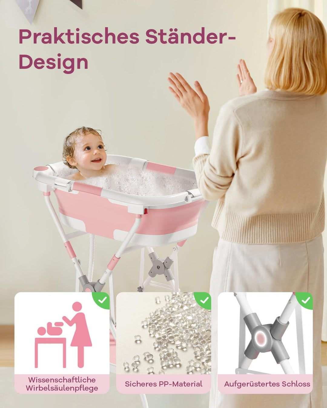 2-in-1 Baby Badewanne mit Gestell, Faltbare Badewanne Baby mit Badestütznetz, Geeignet für Neugebore