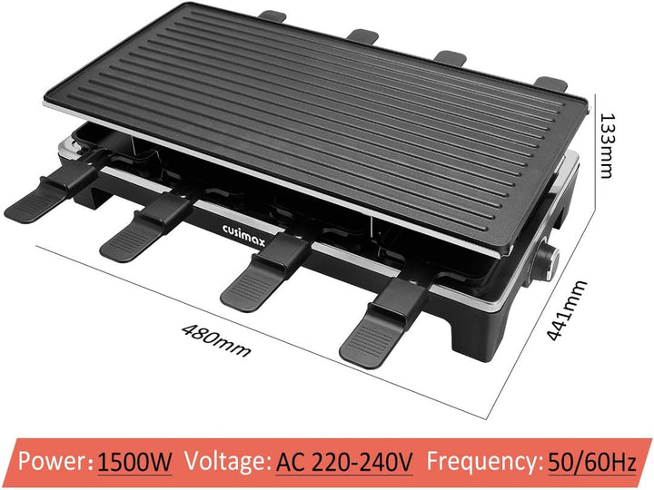 Cusimax Raclette Grill mit Reversible Grillpfanne, Steuerung Partygrill für 8 Personen,Stufenlos Reg