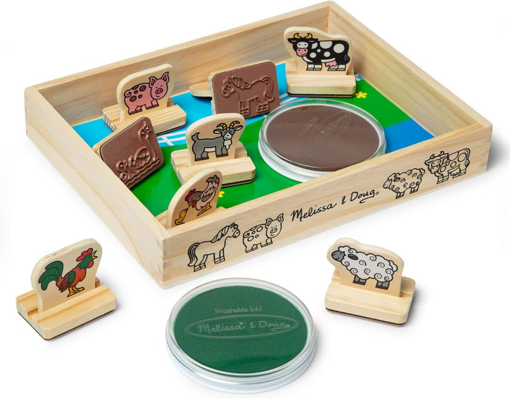 Melissa & Doug Stempelset aus Holz mit Bauernhoftieren, für Kinder ab 3 Jahren, 8 Holzstempel, 2 Ste