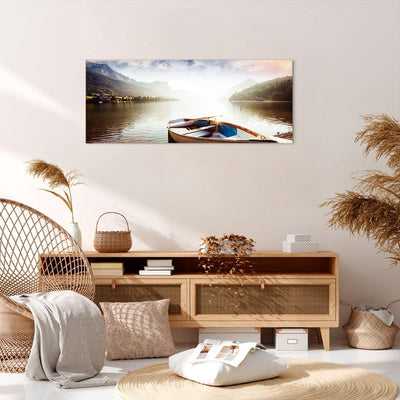 Wandbilder Dekoration Wohnzimmer Berge See Boot Panorama Bilder auf Leinwand 120x50cm Leinwandbild m