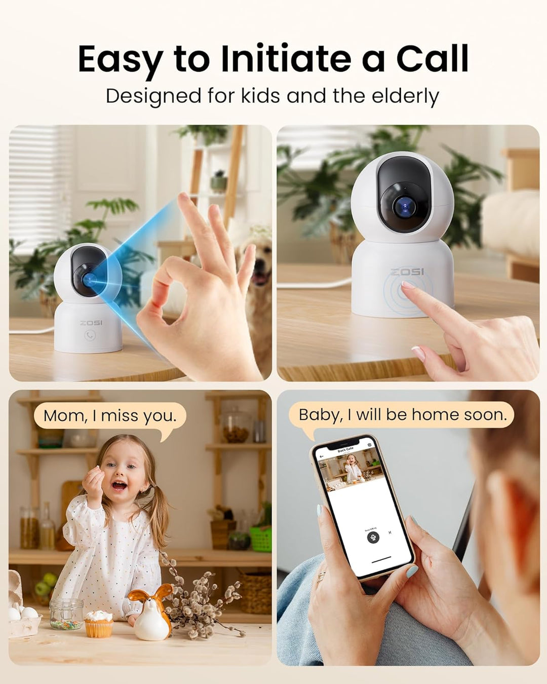 ZOSI 2K/3MP WLAN Überwachungskamera Innen, Babyphone mit Kamera, 2,4/5 GHz, 2-Wege-Audio, KI Persone