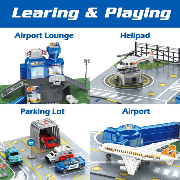 Flugzeug Spielzeug Set mit Lastwagen, Hubschrauber, Flugzeuge, Schilder und Flughafen-Spielmatte, in