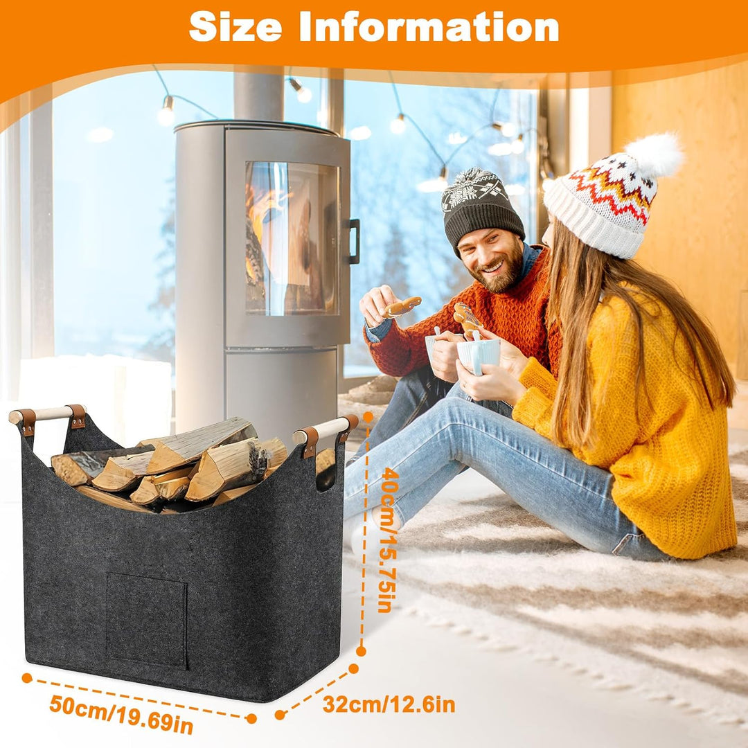 Extra Dickem Filz Kamin Holzkorb mit Verstärktem Holzgriff, Faltbarer Brennholzkorb Filztaschen, Dun