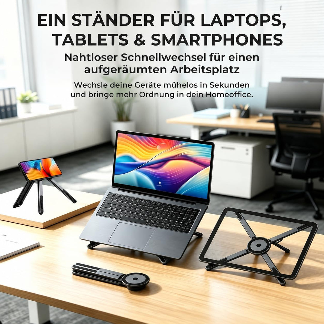 Faltbarer Laptop-Ständer mit N52 Magnet-Handyhalterung, 4-in-1 | Tragbarer Aluminium Computer-Stände