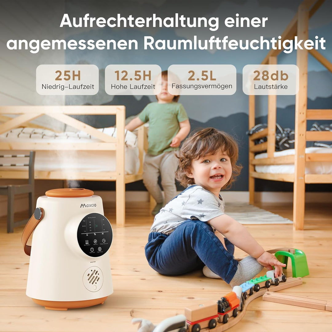 Maxcio 2,5L Luftbefeuchter Kinderzimmer, Cool Mist Humidifier mit 360°Drehbare Düse und Tragegriff,