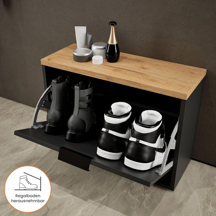 Planetmöbel Schuhschrank schmal mit 1 Klappe platzsparender Schuhregal mit 2 Ablagen, Schuhkommode f