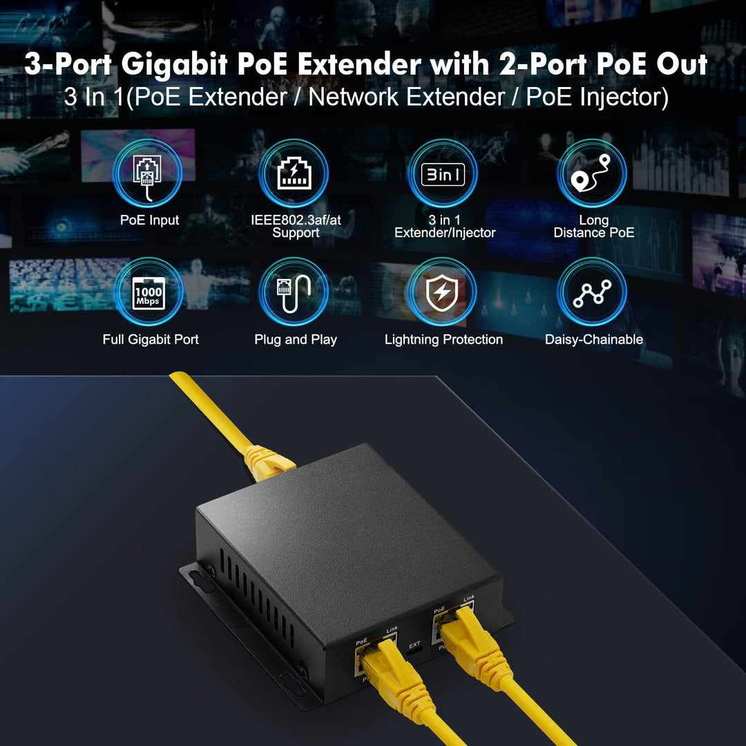 MokerLink 3-Ports Gigabit PoE Passthrough Switch, IEEE 802.3af/at PoE Repeater, 100/1000Mbps, 1 PoE