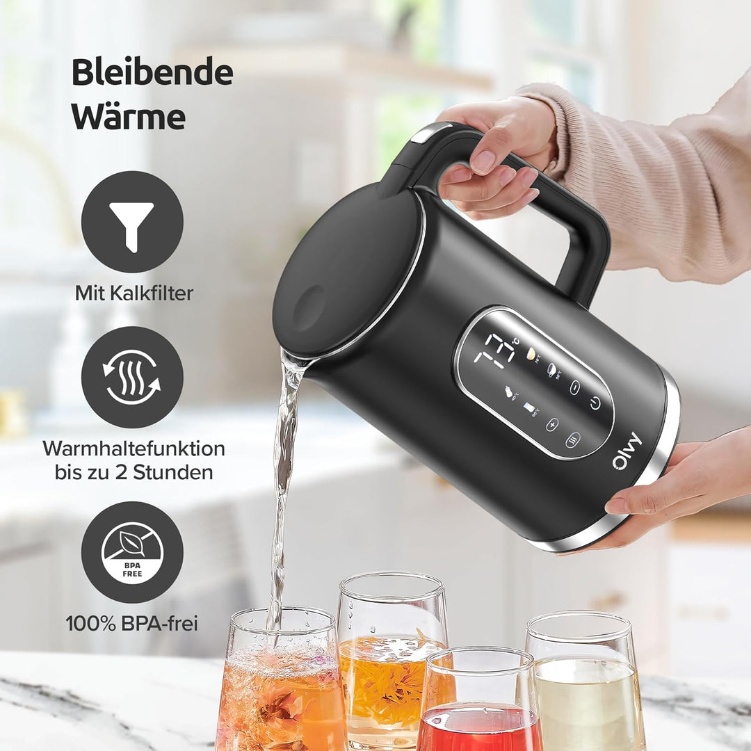 Olvy Elektrischer Wasserkocher 1,7L – Schnellkochender Wasserkocher mit Temperaturregelung, Warmhalt
