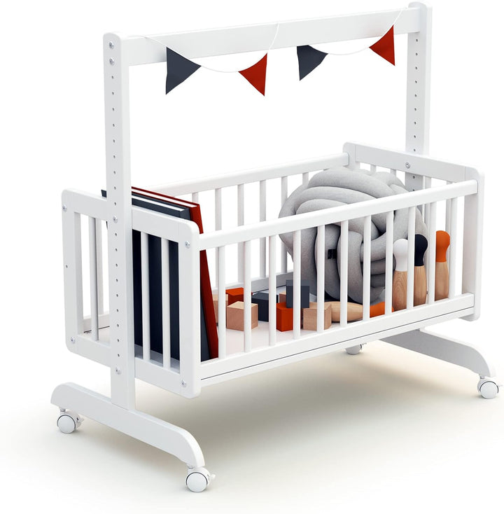 AT4 - Wiege Babybett Beistellbett Holz mit Matratze Essentiel Weiss | 5 in 1 Wiege |MassivHolz | Höh