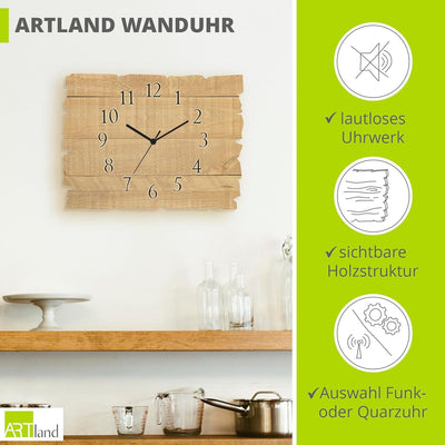 ARTLAND Wanduhr ohne Tickgeräusche aus Holz Funk Uhr lautlos 40x30 cm Rechteckig Muster Rustikal Lan