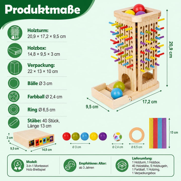 3-in-1 Montessori Spielzeug ab 3 Jahre, Holz Brettspiel mit Stäben | 40 Holzstäbe, Holzbox, Kugelfal