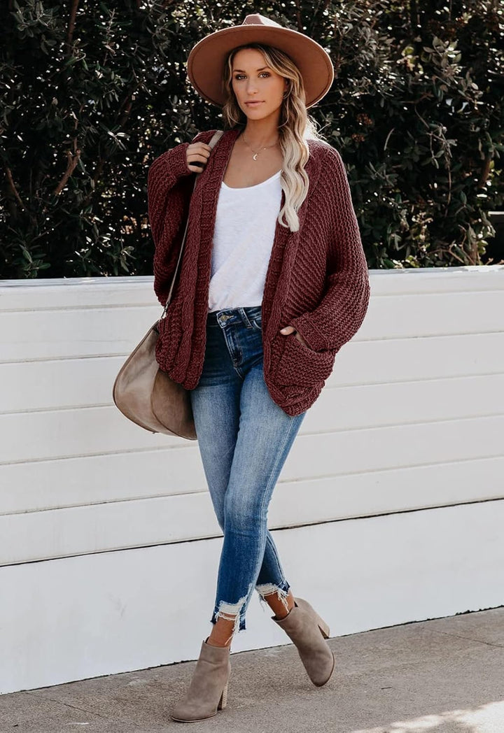 JayscreateEU Strickjacke Damen Cardigan Lange Open Front Sweater mit Tasche Grobstrickjacke Langarm