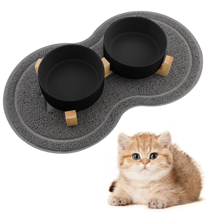Katzennapf, 2 Stück Keramik Futternapf Katze Set, 3-in-1 rutschfeste Katzennäpfe mit Holzstände und