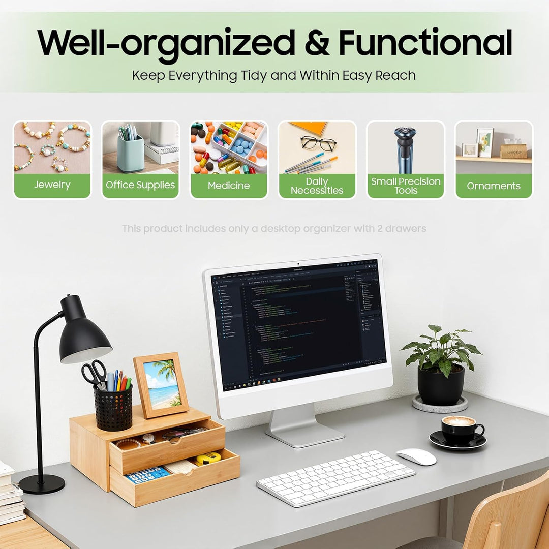 Schubladenbox, Schreibtisch Organizer 2 Schubladen Bambus, Naturbelassener Desktop Organizer 33x19x1