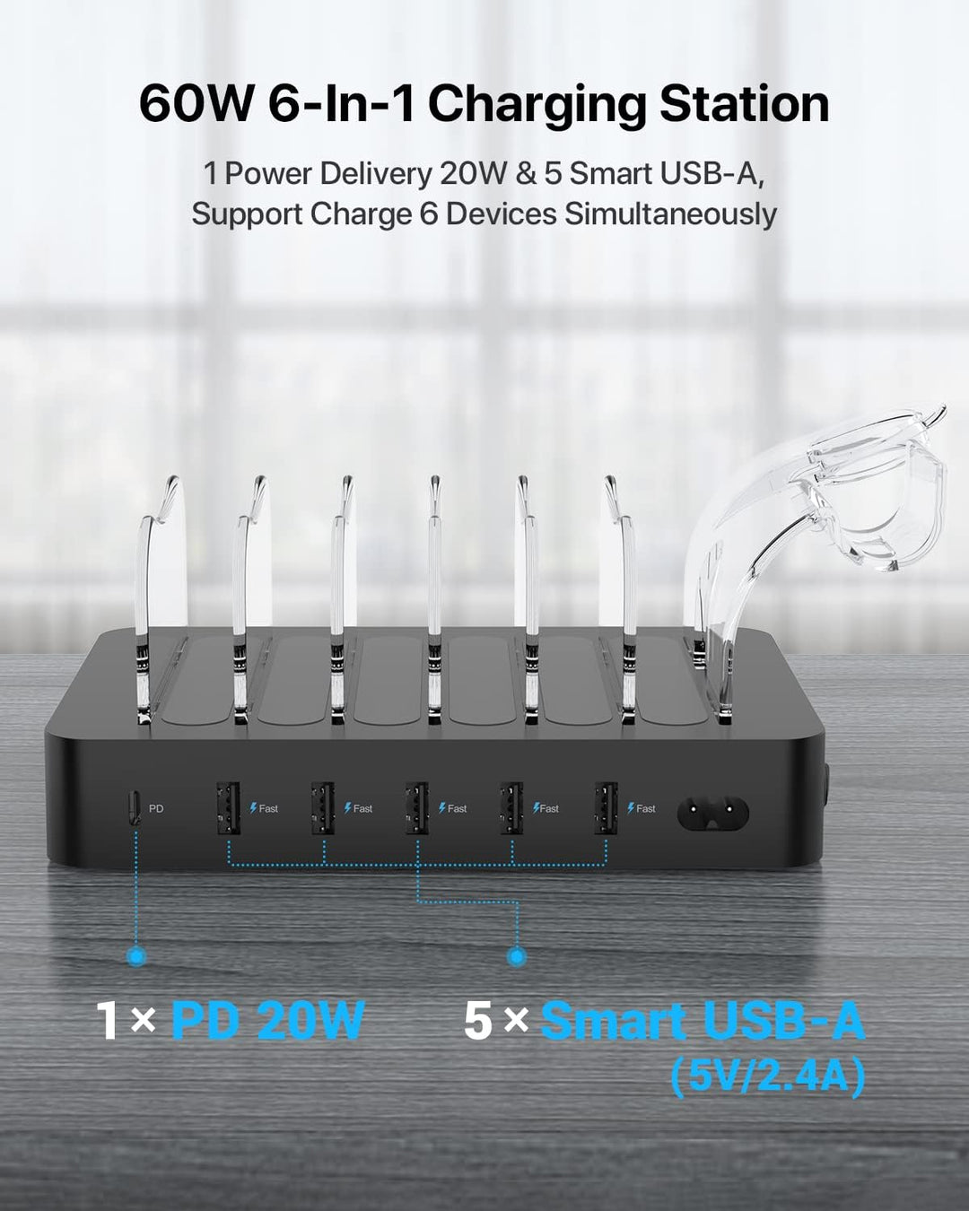 SooPii 60W 6-Port USB Ladestation für mehrere Geräte, PD 20W USB C Schnellladung für lPhone 14/13/12