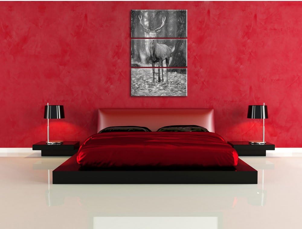 Pixxprint Schöner Hirsch im Wald als Leinwandbild/Grösse: 3 Teilig (120x80) cm/Wandbild/Kunstdruck/f