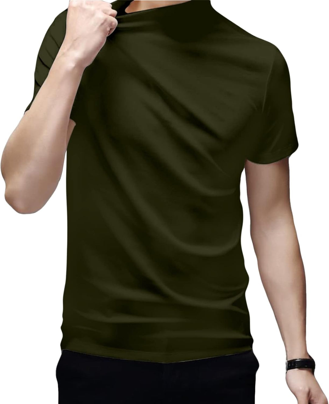 Herren T-Shirt Kurzarm Polo Neck Basic Mock Turtleneck Slim Fit Solid Tops XL 1-grün, XL 1-grün