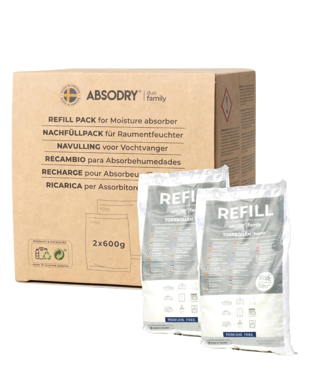Absodry Duo Family Nachfüllpack Luftentfeuchter 2-Pack á 600 gr je 1L für 25m2 Granulat Refill Nachf