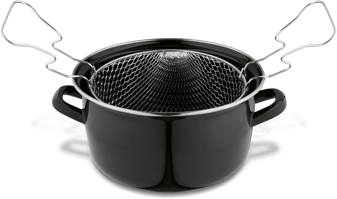 Fritteusenpfanne mit Korb Emaille schwarz, Pommespfanne Fritteuse Glasdeckel, kleine Fritteuse mit S