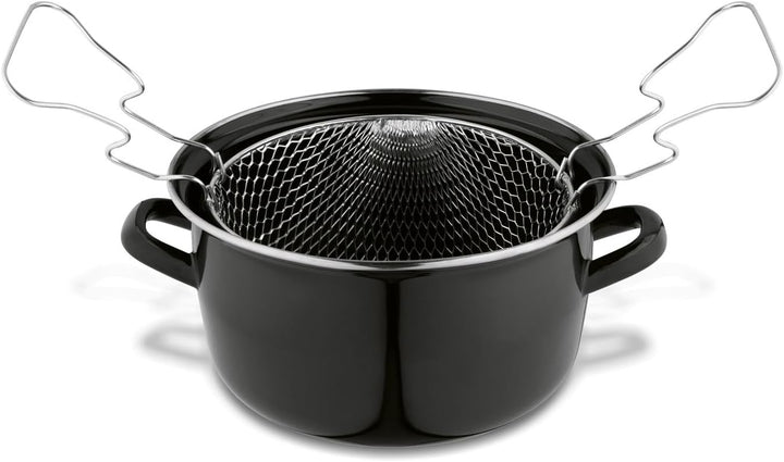 Fritteusenpfanne mit Korb Emaille schwarz, Pommespfanne Fritteuse Glasdeckel, kleine Fritteuse mit S