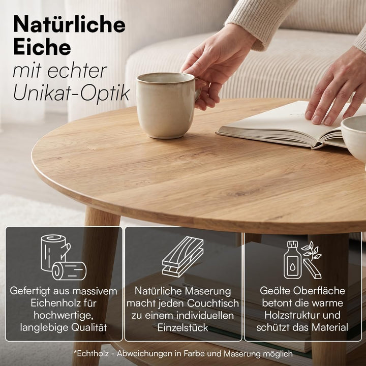 skølm Couchtisch rund Mjölnir, Wohnzimmertisch aus Eiche Massivholz, Beistelltisch für Wohnzimmer Du