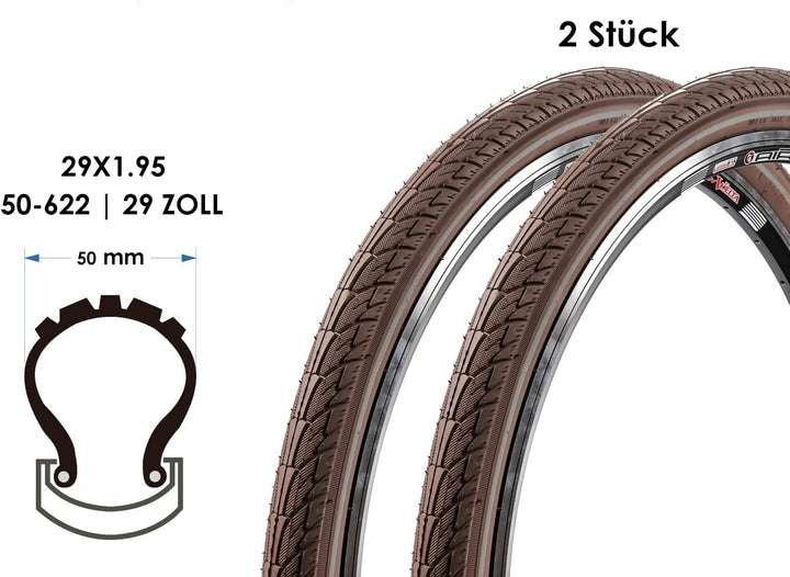 2 Stück 29 Zoll Fahrrad Reifen 29x1.95 City Trekking Tire 50-622 Braun Reflexstreifen
