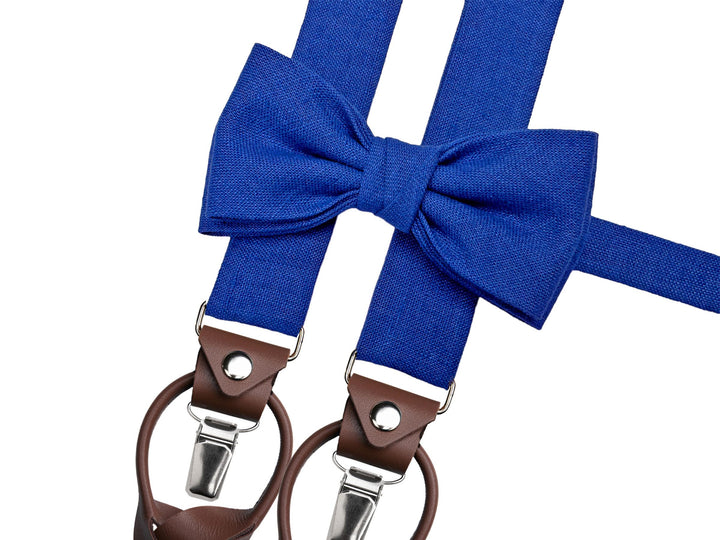 Leinen Accessoires SET: Fliege und Hosenträger Hosenträger mit Leder für Herren. Fliege Bereits gebu
