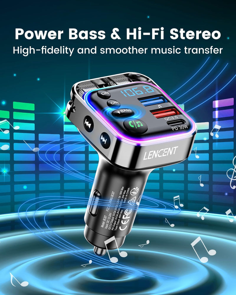 LENCENT Bluetooth FM Transmitter, Bluetooth 5,3, PD 30W & QC3.0 Schnellladegerät, Hi-Fi Musik klares