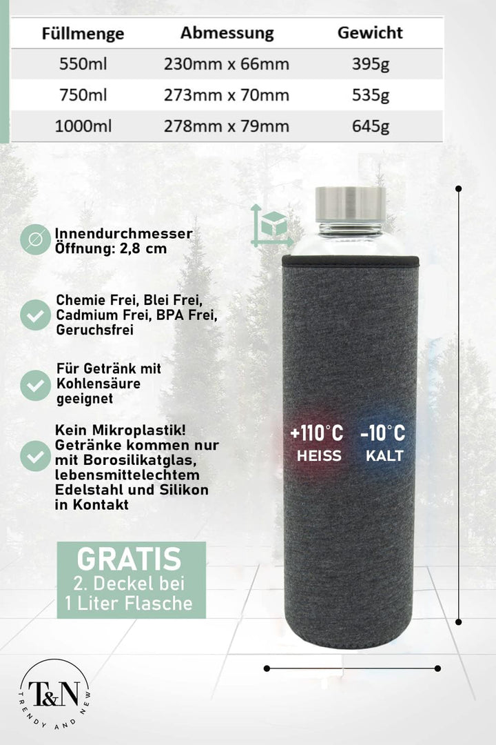 T&amp;N Glasflasche 1 Liter / 750ml / 500ml – Trinkflasche Glas 1l mit Neoprenhülle – Wasserflasche Ausl