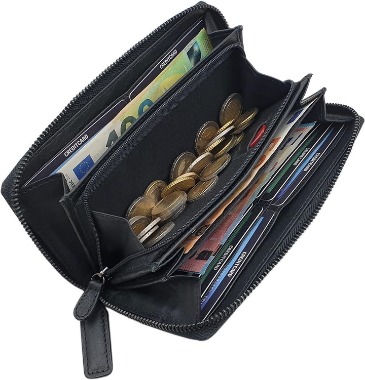 Grosse Rind-Nappa Leder Damen Geldbörse / Geldbeutel / Portemonnaie / Portmonaise / Geldtasche / Por
