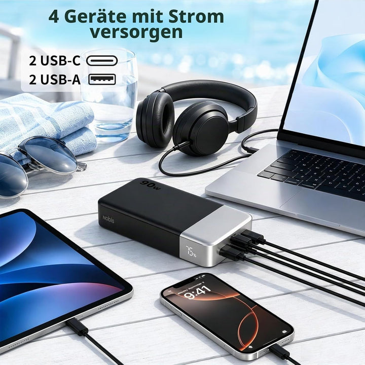 NOBIS 90W 20.000 mAh Powerbank, Tragbarer Laptop-Ladegerät mit 4 Anschlüssen, PD Schnellladung, Digi