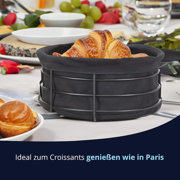 KHG Brotkorb aus Metall mit Stoffeinsatz in schwarz, rund 23,5 cm, Brötchenkorb aus Edelstahl, Stoff
