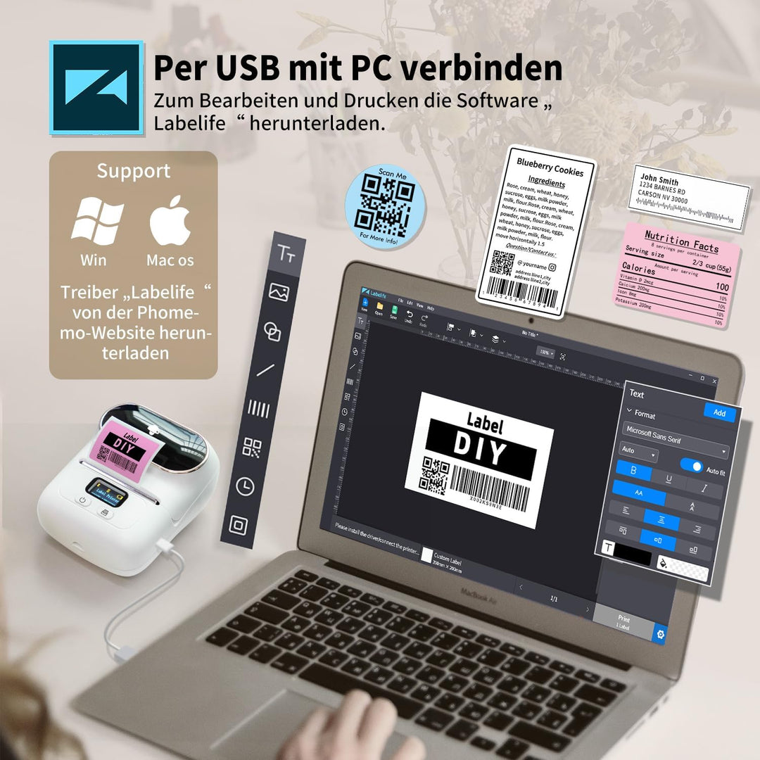 Phomemo M110 Etikettendrucker, Mini-Thermo-Aufkleber-Maschine,Handy Bluetooth Drucker für Barcode, K