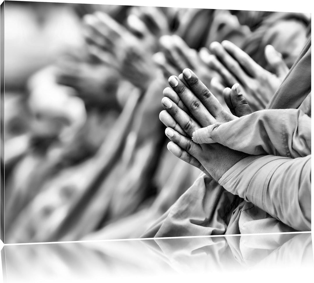 Pixxprint Monocrome, Betende Hände Mönche in Tibet, Format: 100x70 auf Leinwand, 100x70