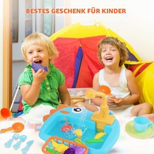Küchenspüle Spielzeug Set mit Angelspiel, Kinderspüle mit Fliessendem Wasser, Spülbecken Kinderküche